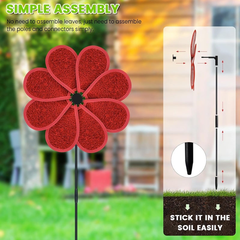 DECEED 4PCS 11.4" W x 28" H Reflective Pinwheels Sparkly Lawn Wind Spinners Colorful Rainbow Windmill for Garden Decoration Bird Devices Deterrent to Scare Birds Away (Red) - Image 4